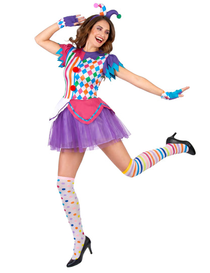 Harlequin kostum barviti pompomi ženska