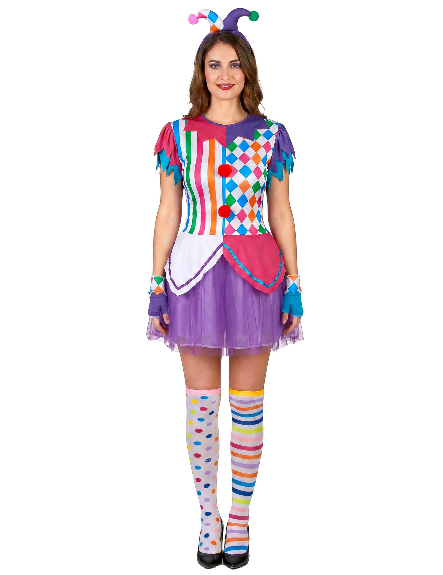 Harlequin kostum barviti pompomi ženska