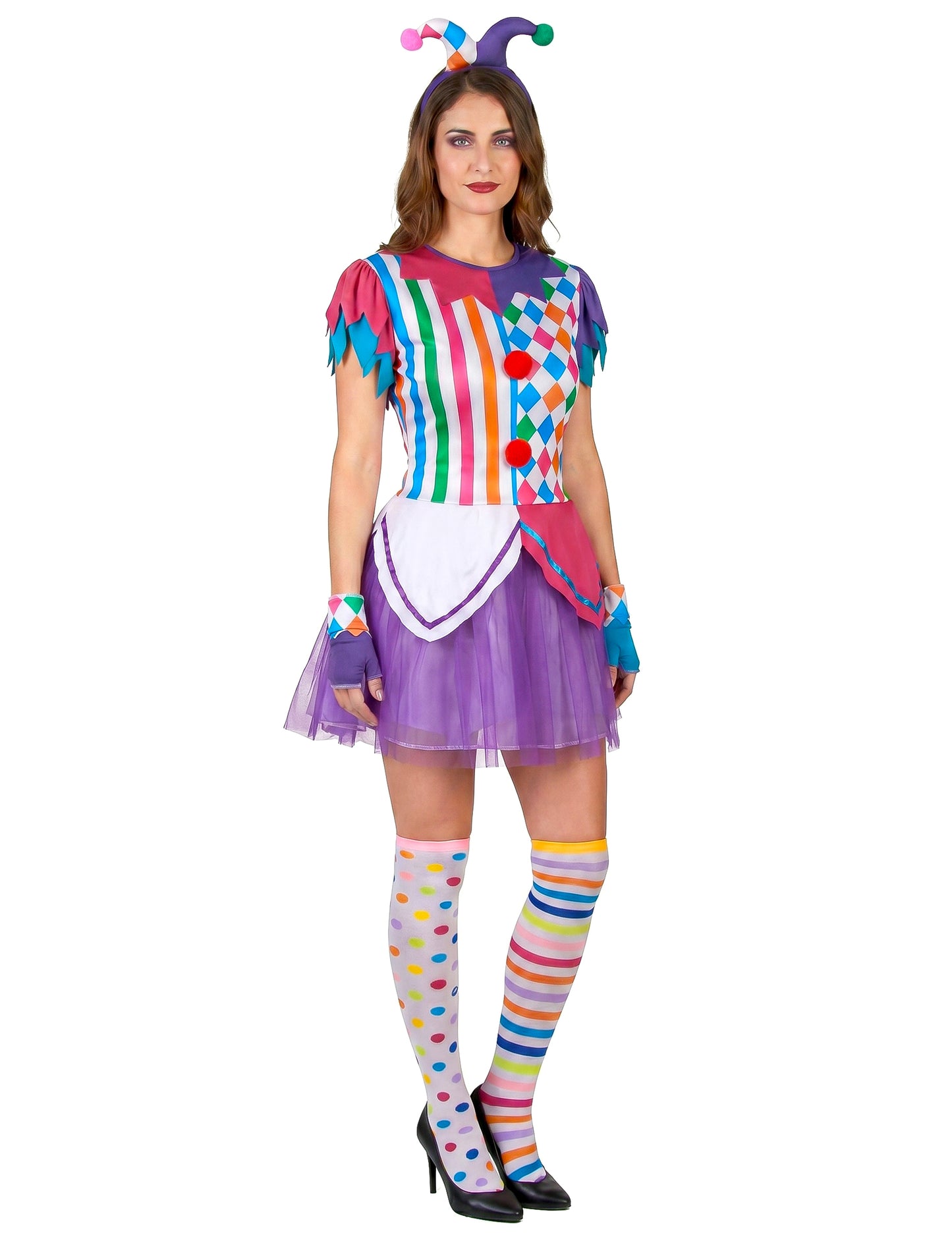 Harlequin kostum barviti pompomi ženska