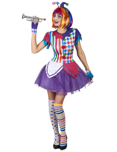Déguisement d'arlequin à pompons colorés pour femme multicolore