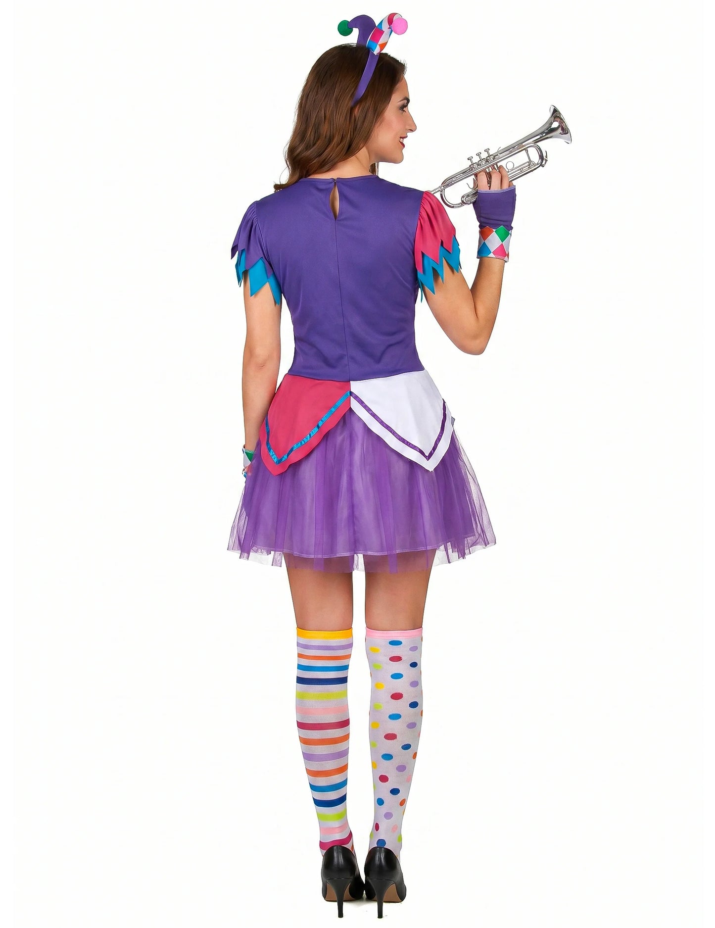 Harlequin kostum barviti pompomi ženska