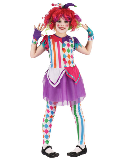 Déguisement arlequine colorée pour fille multicolore avec jupon violet et motifs losanges
