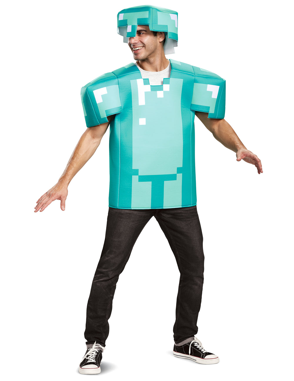 Vue de face du déguisement armure Minecraft pour adulte