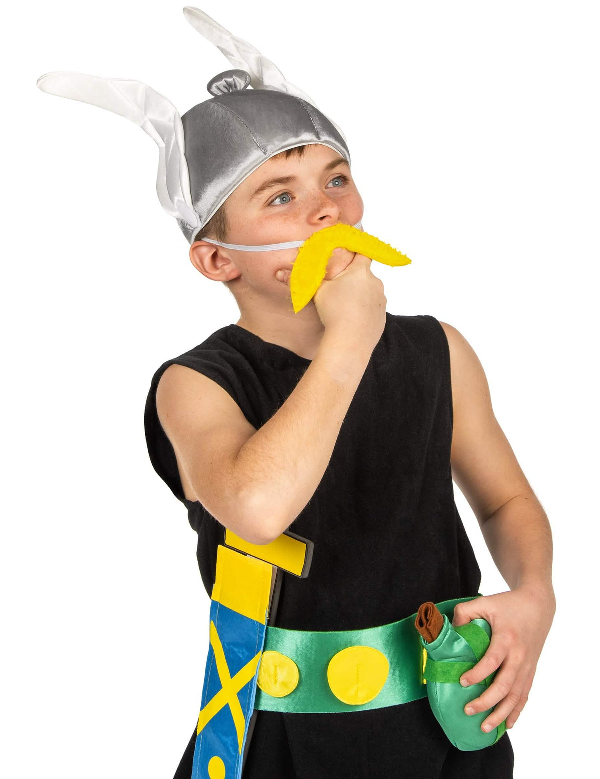 Detajlni posnetek čelade in brkov kostuma Asterix za otrok