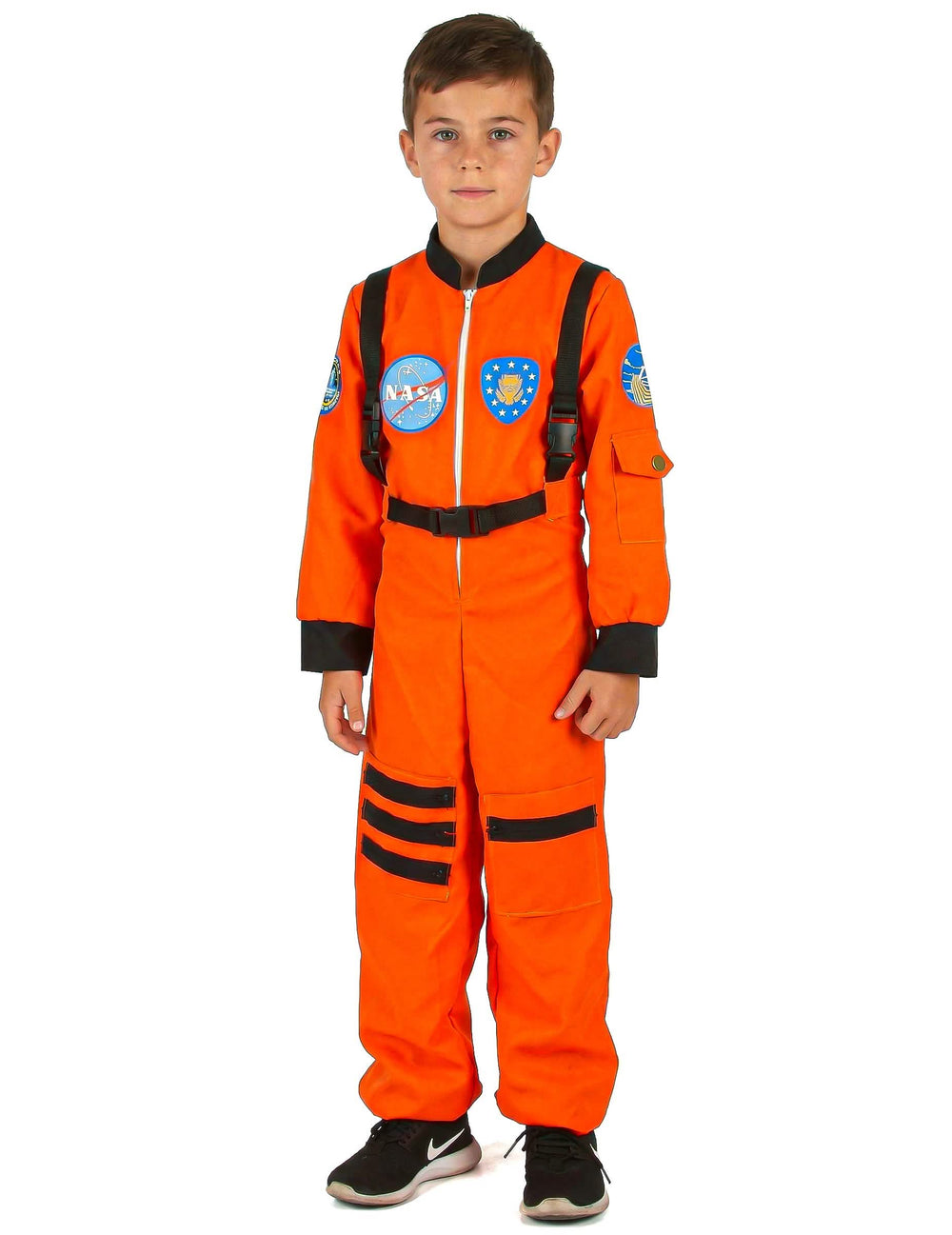 Pogled od spredaj na oranžen astronavtski kostum za dečka
