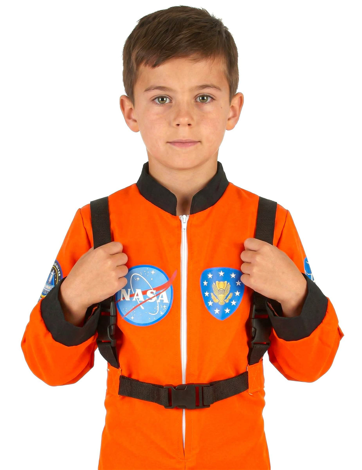 Detajlni posnetek našitkov in pasov kostuma astronavti