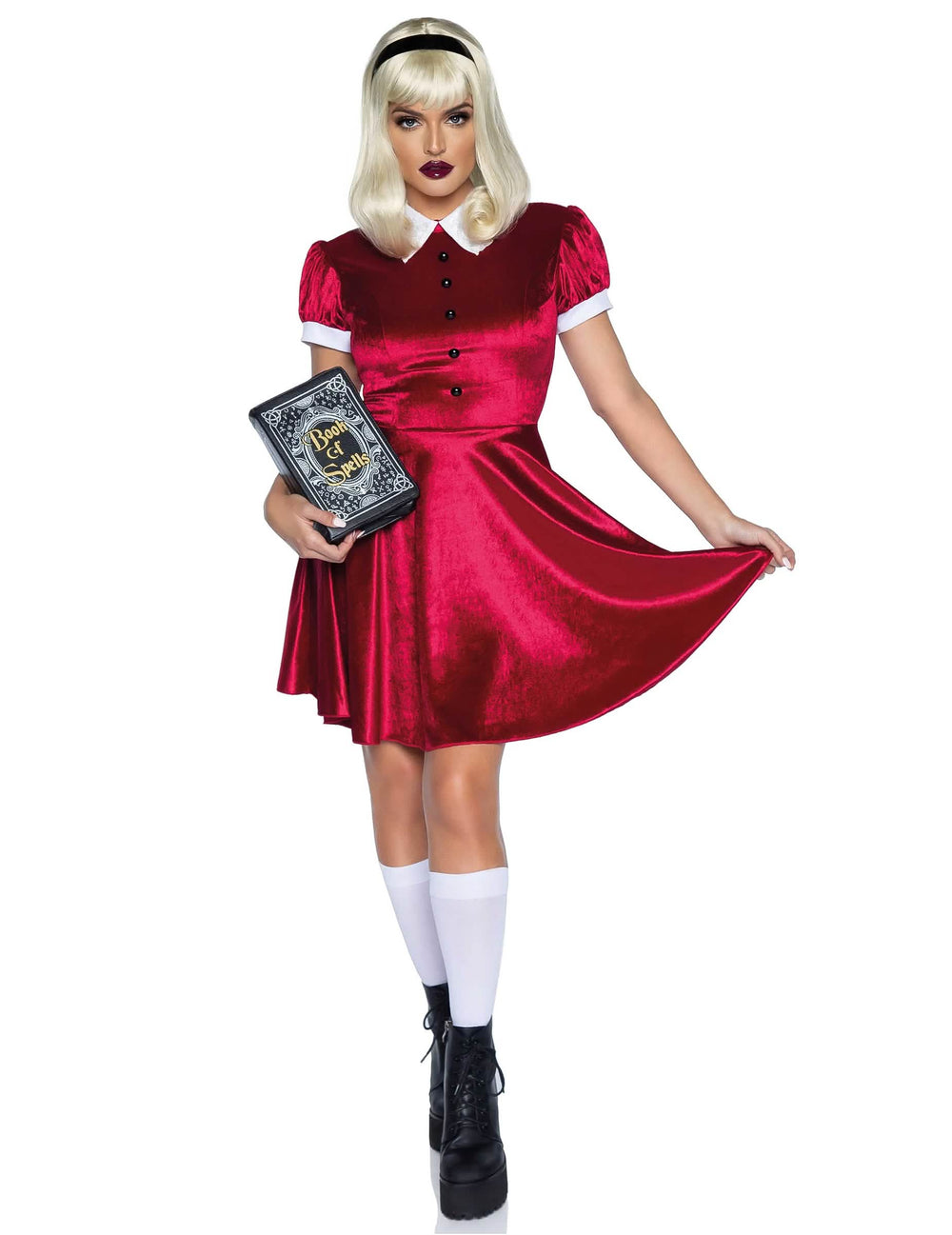 kostum baby doll za ženska rdeča iz velurja z belo ovratnico