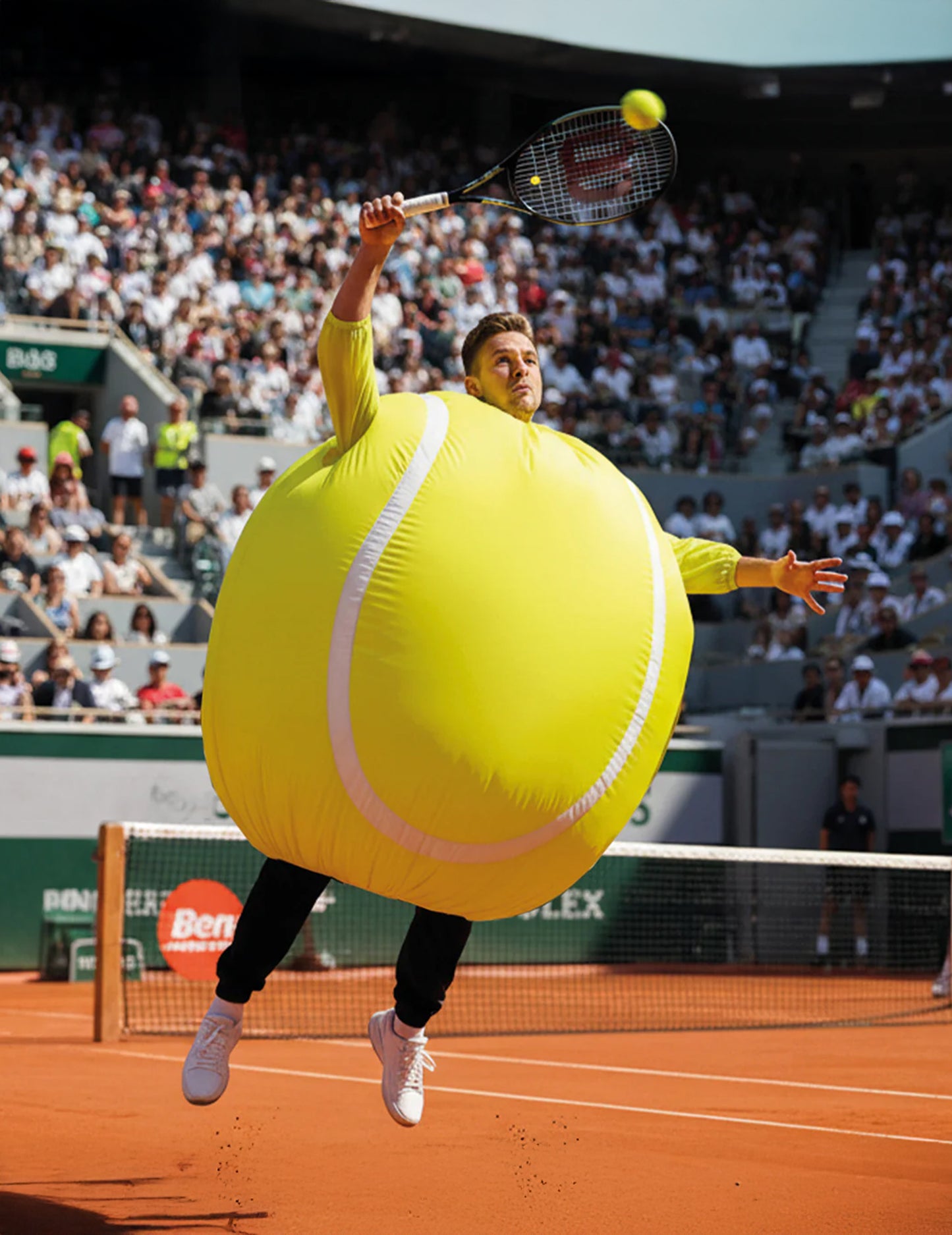 Mise en situation sportive sur un court du déguisement balle de tennis gonflable