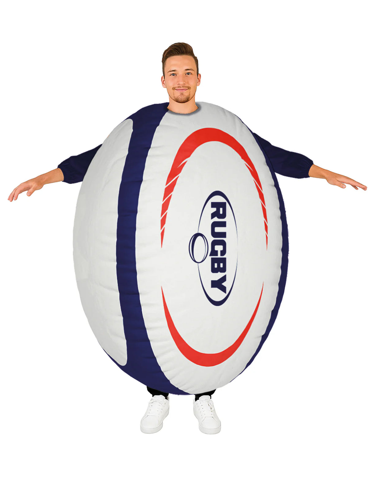 Vue de face du déguisement ballon de rugby gonflable