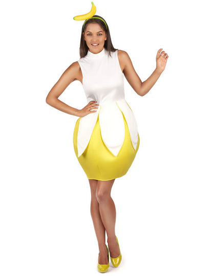 Déguisement banane pour femme jaune et blanc avec serre-tête