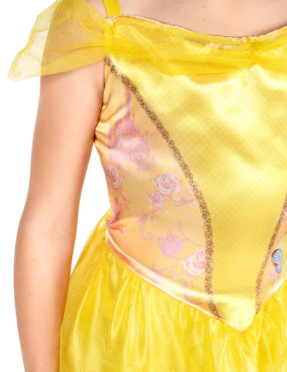 Détail de la bretelle pailletée et du buste du déguisement basique Belle™