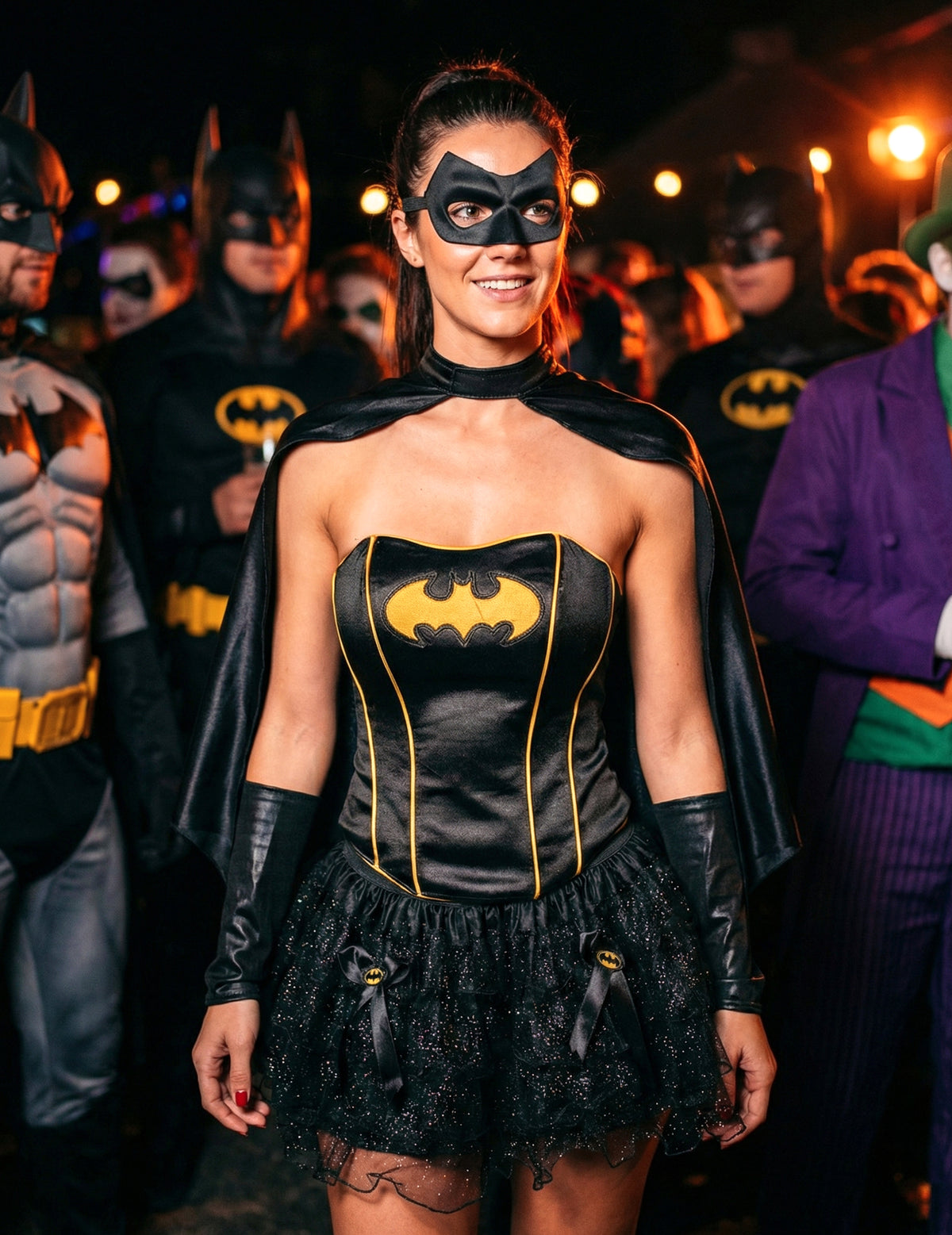 Mise en situation entourée de Batman du déguisement Batgirl™ sexy pour femme