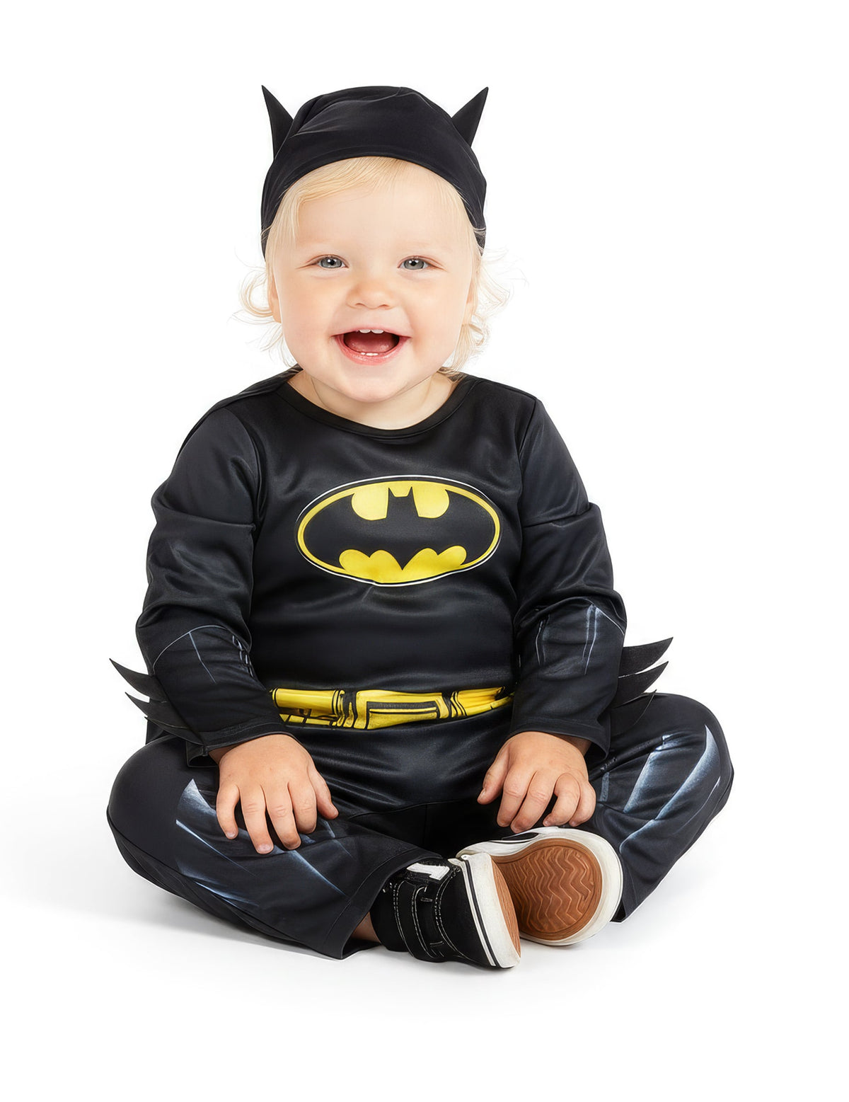 Déguisement Batman™ pour bébé noir et jaune avec coiffe à oreilles
