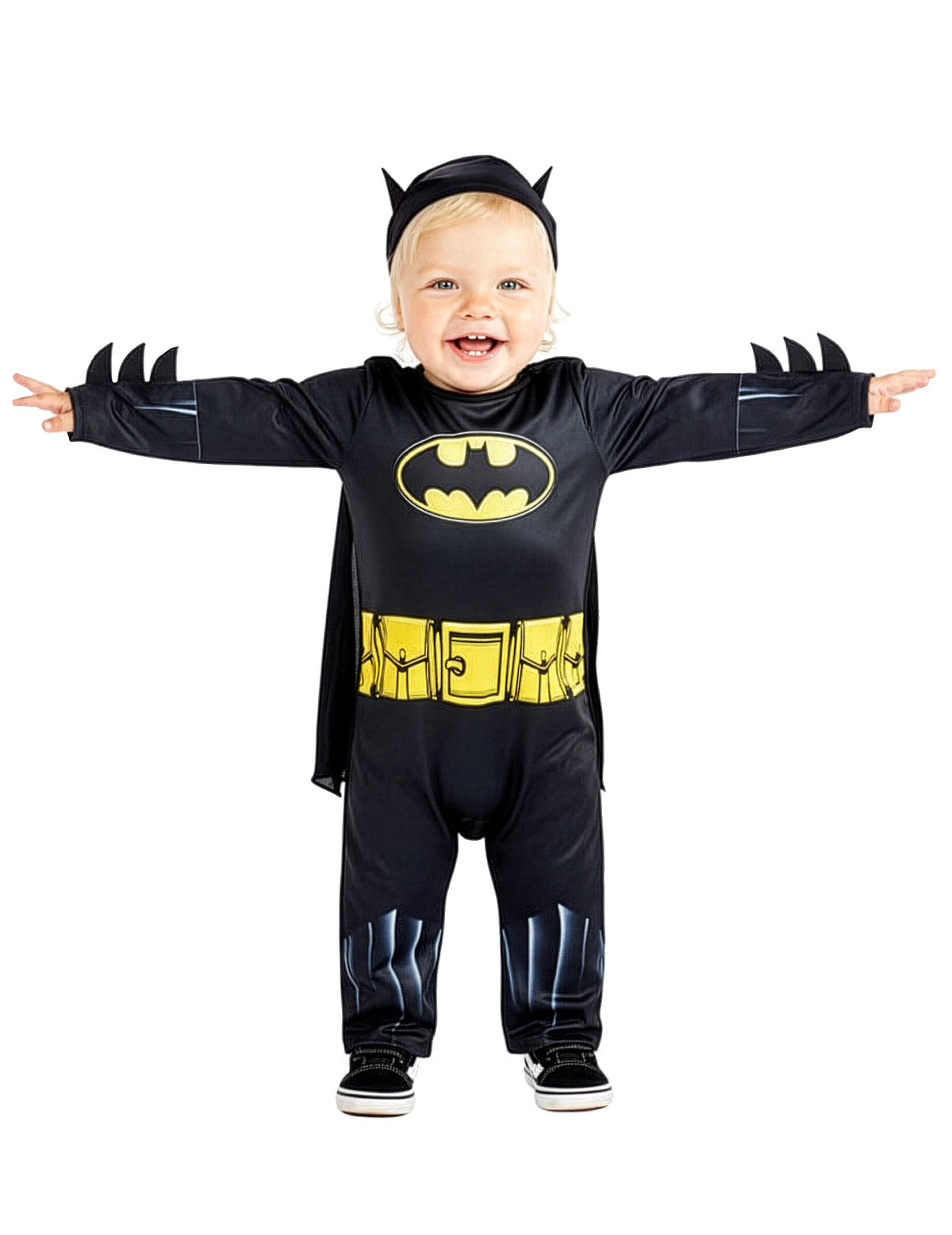 Vue de face avec bras écartés du déguisement Batman™ pour bébé
