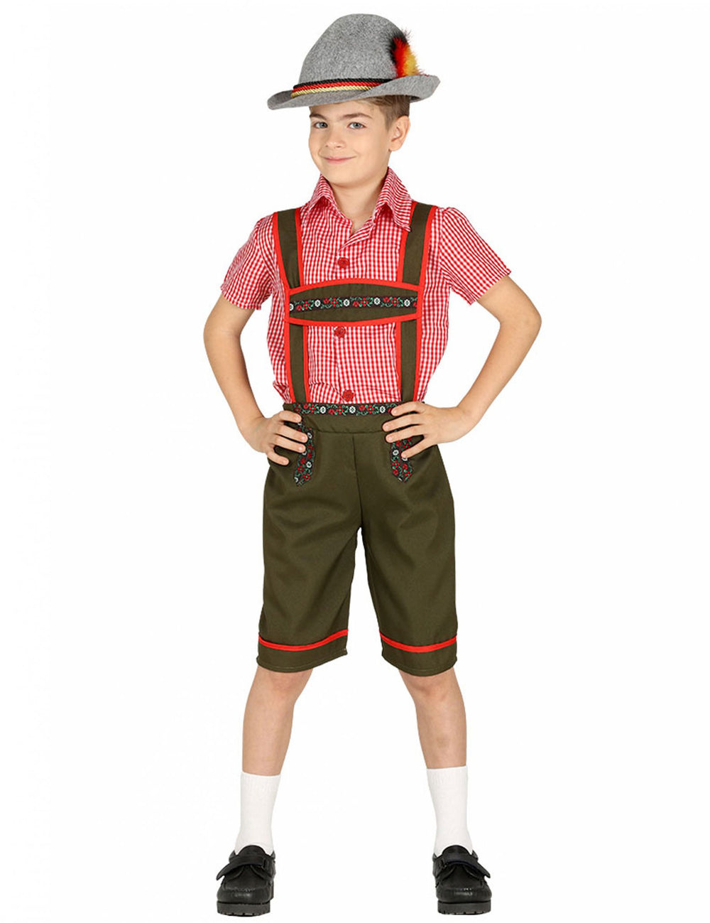 Déguisement bavarois pour garçon avec chemise rouge à carreaux et short vert olive avec chapeau