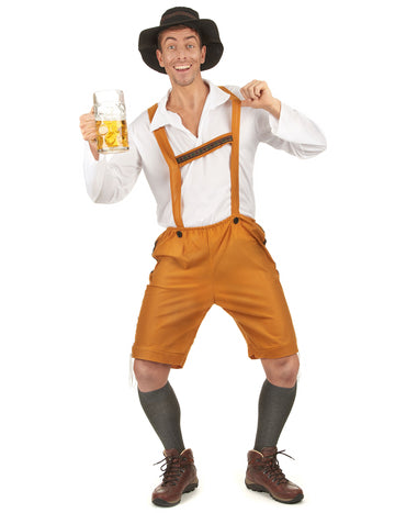 Déguisement bavarois pour homme jaune avec bretelles et chapeau noir