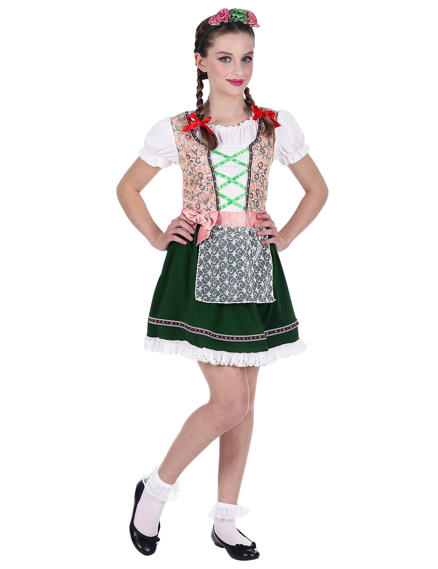 Dekliški roza in zelena bavarska kostum
