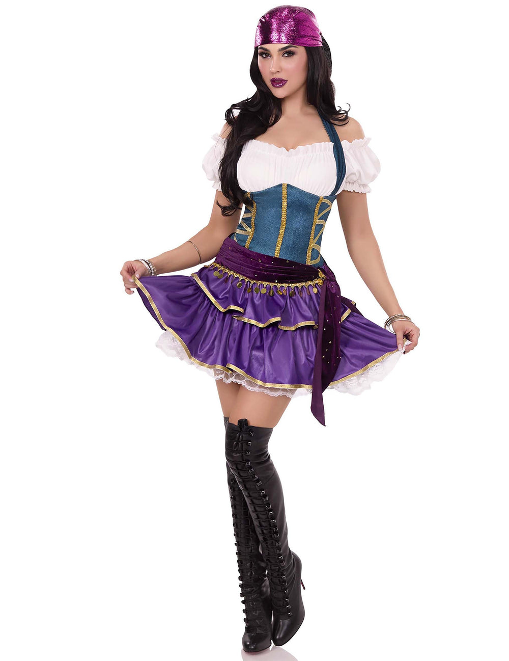 Déguisement bohémienne sexy luxe pour femme violet et bleu avec bustier et bandana