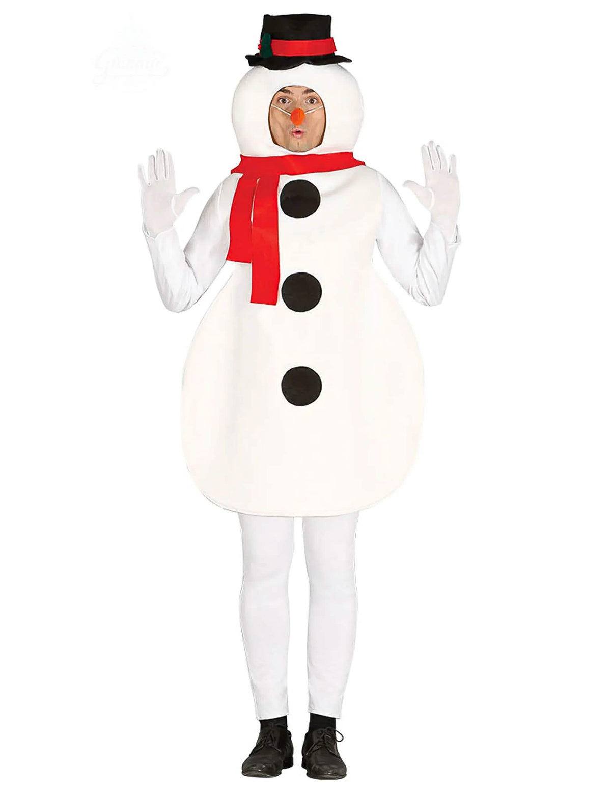 Déguisement bonhomme de neige pour adulte blanc avec chapeau noir et écharpe rouge