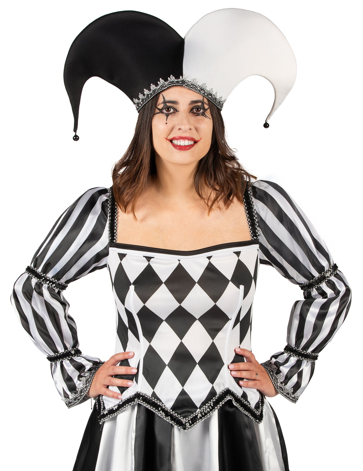 Razkošen črno-bel ženski kostum diaboličnega norčka 