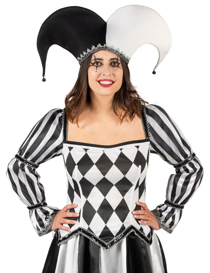 Razkošen črno-bel ženski kostum diaboličnega norčka 