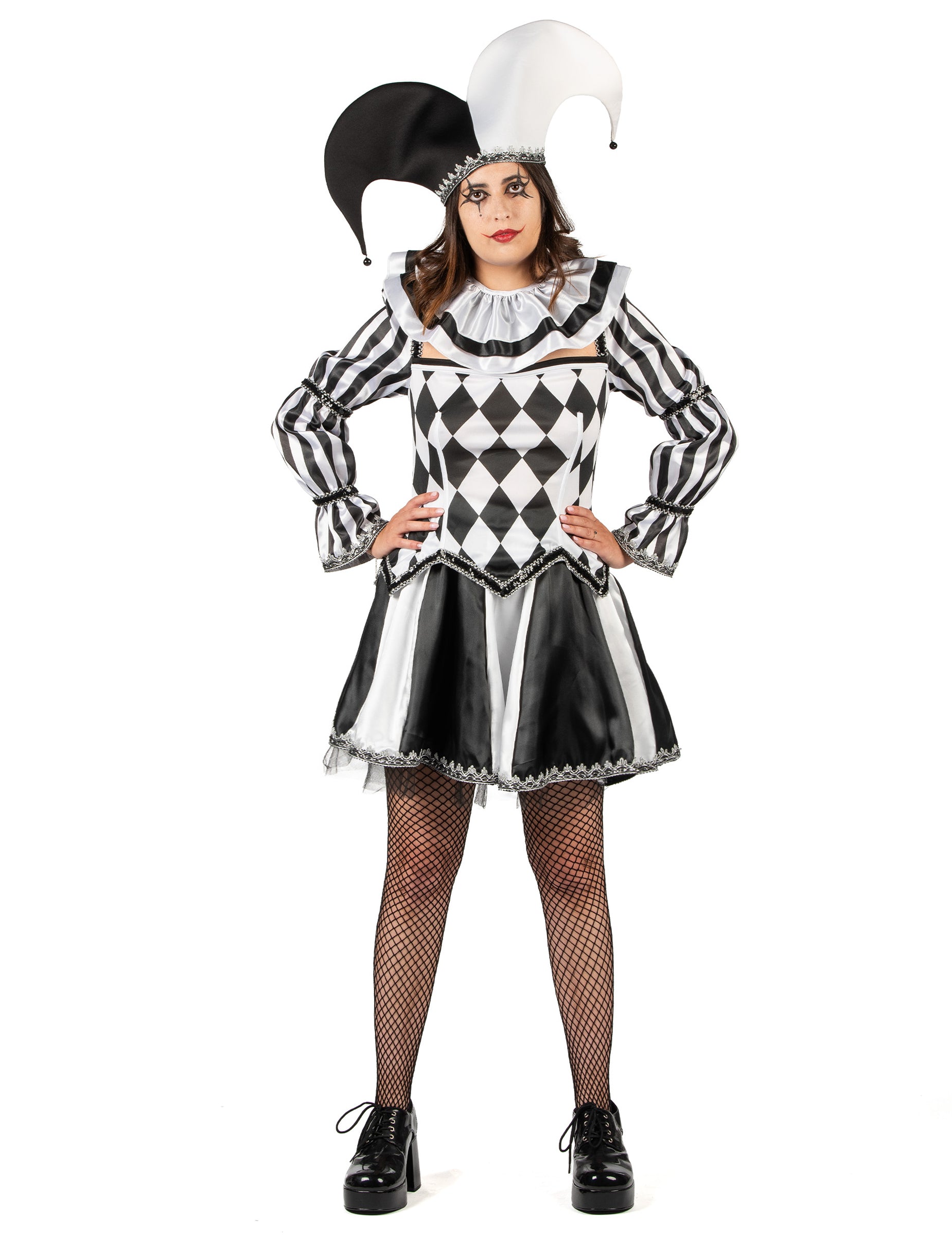 Vue de face du déguisement de bouffon diabolique pour femme noir et blanc luxe
