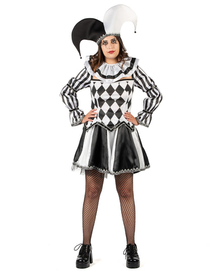 Razkošen črno-bel ženski kostum diaboličnega norčka 