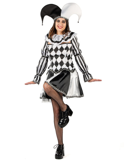 Razkošen črno-bel ženski kostum diaboličnega norčka 