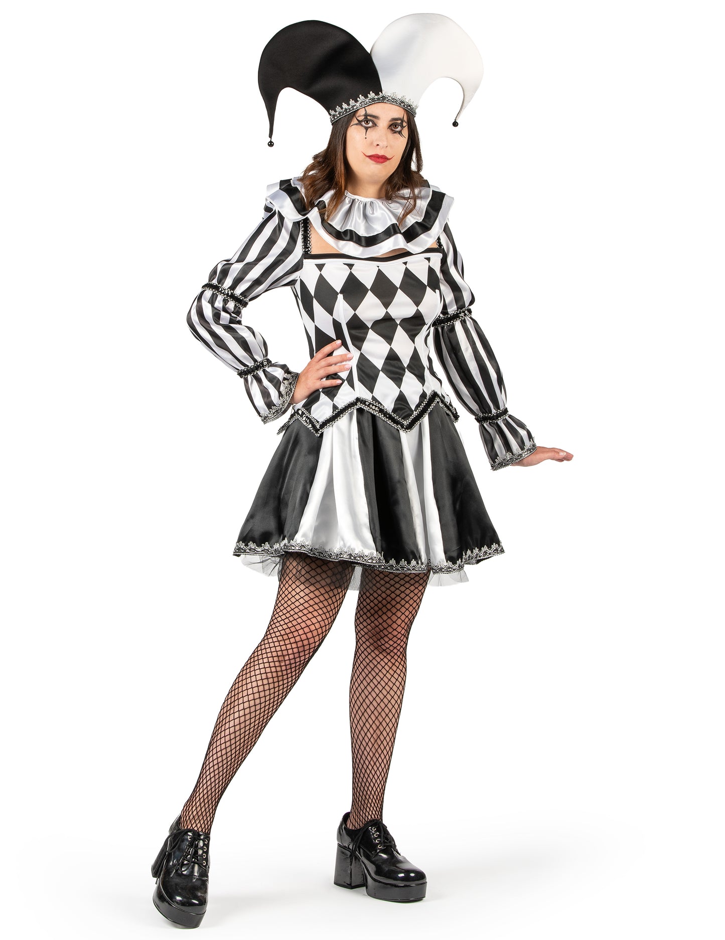 Razkošen črno-bel ženski kostum diaboličnega norčka 