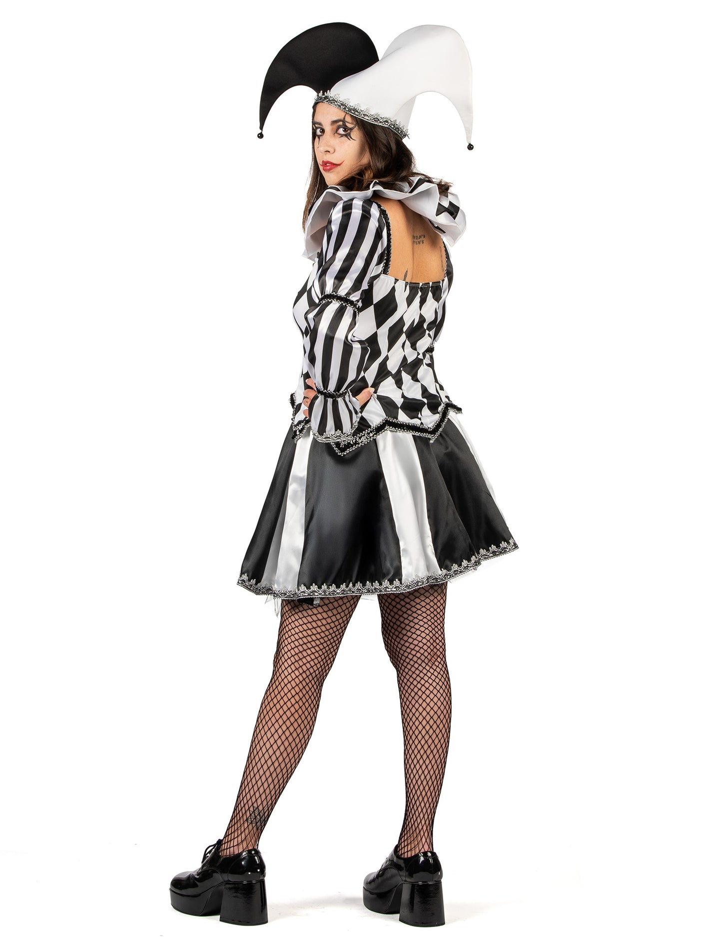 Razkošen črno-bel ženski kostum diaboličnega norčka 