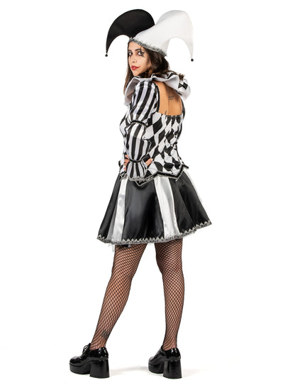Razkošen črno-bel ženski kostum diaboličnega norčka 