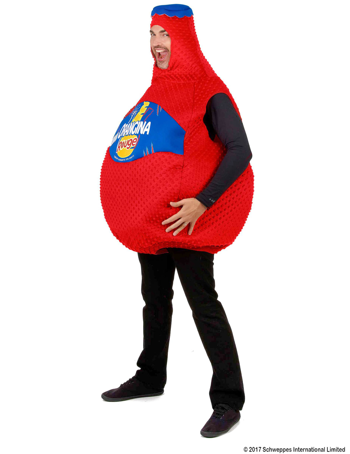 Vue de profil du déguisement bouteille d'orangina rouge