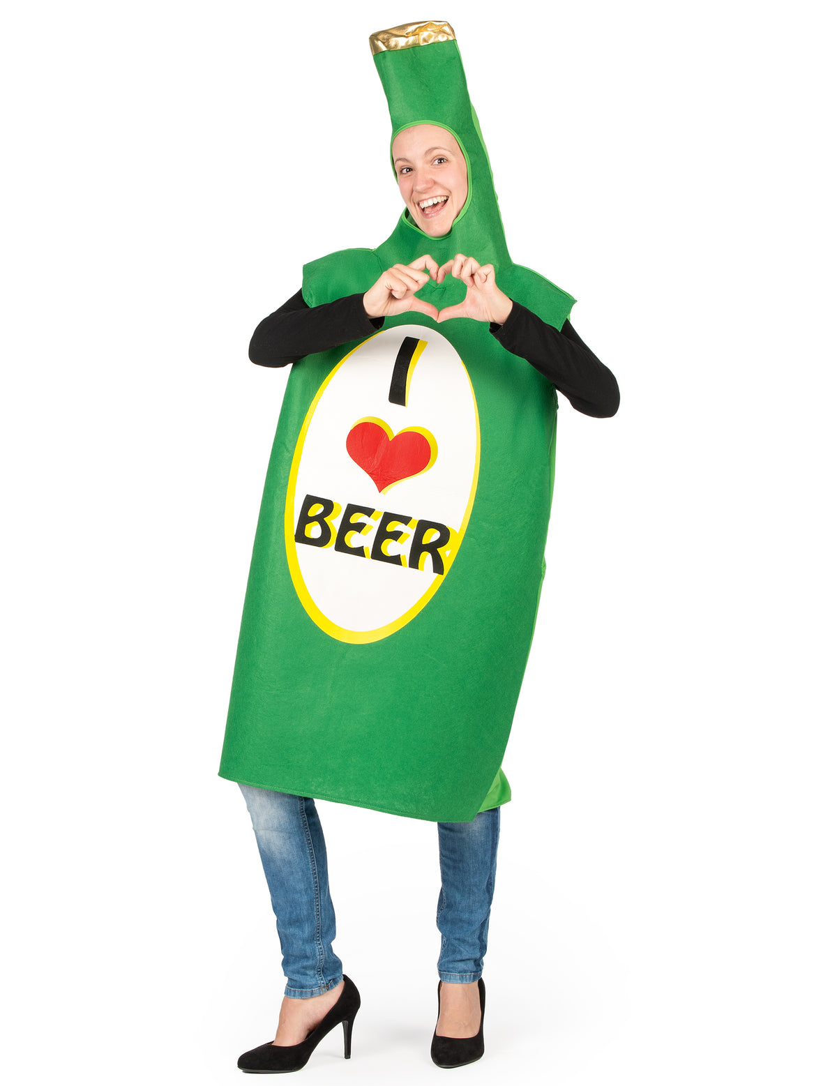 Vue de face faisant un cœur avec les mains du déguisement bouteille de bière pour adulte