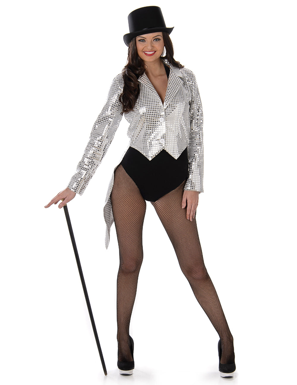 Déguisement de cabaret pour femme argent à sequins avec chapeau haut-de-forme et canne