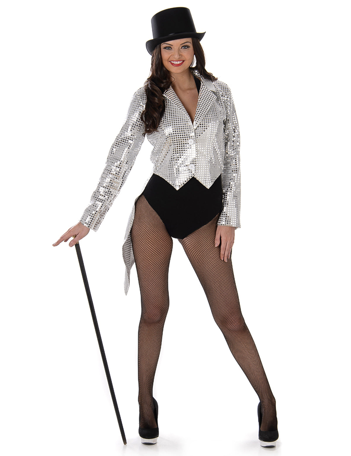 Déguisement de cabaret pour femme argent à sequins avec chapeau haut-de-forme et canne