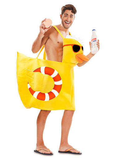 Déguisement canard de bain pour adulte jaune avec lunettes de soleil et bouée intégrée