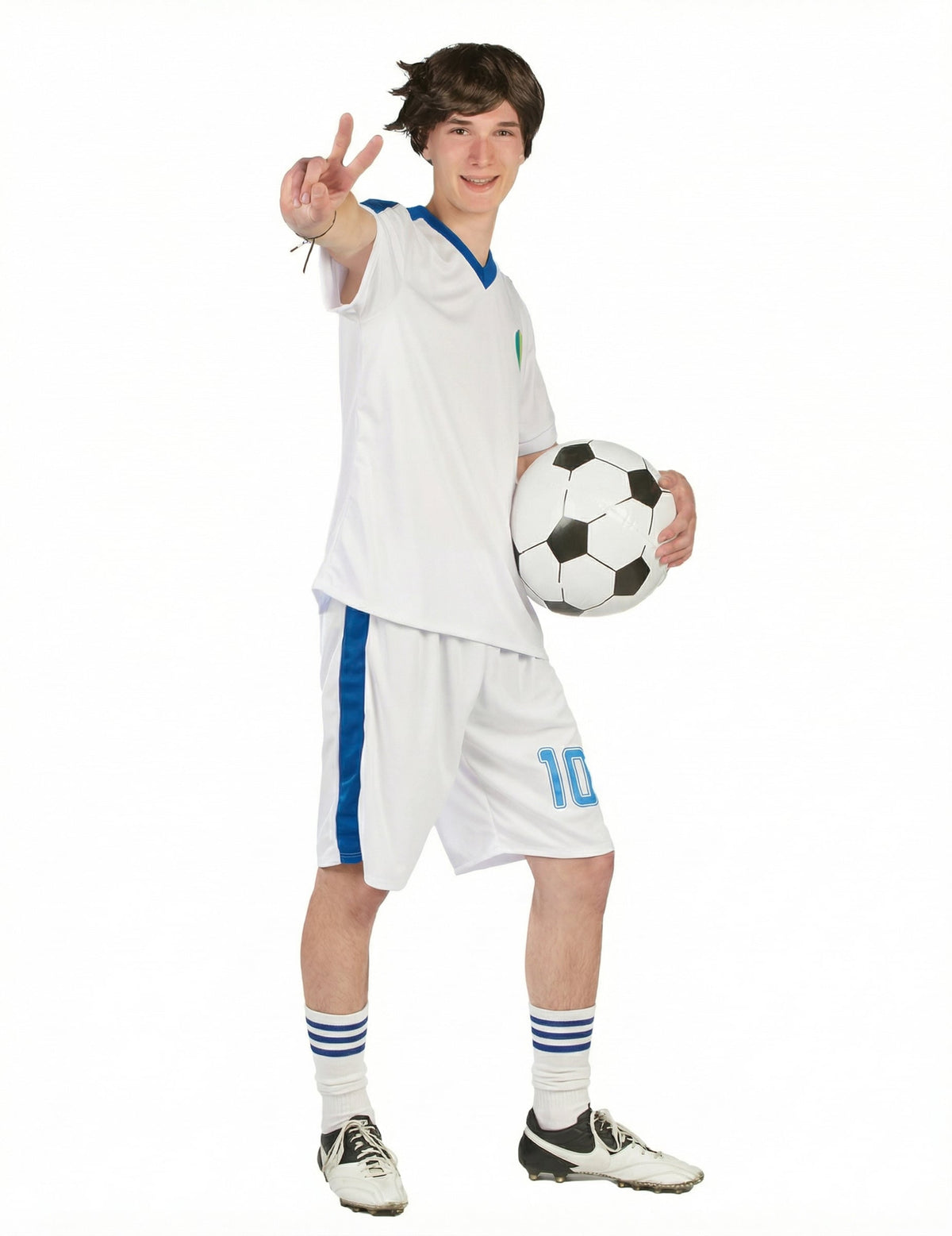 Vue avec ballon de football du déguisement de capitaine de football pour homme