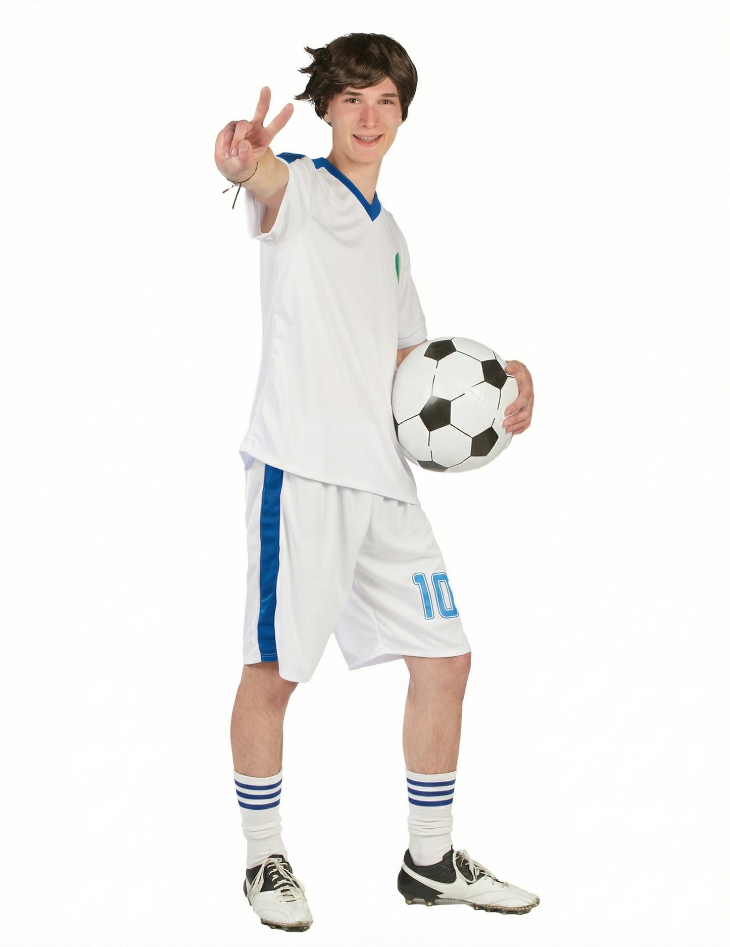 Vue avec ballon de football du déguisement de capitaine de football pour homme