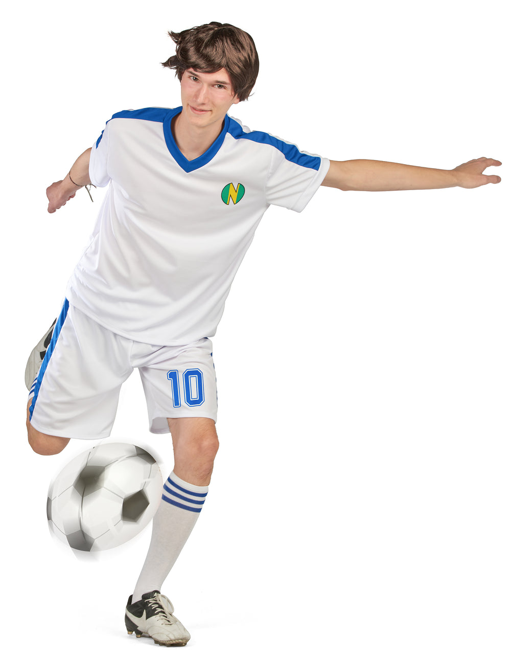 Vue de face en action du déguisement de capitaine de football pour homme