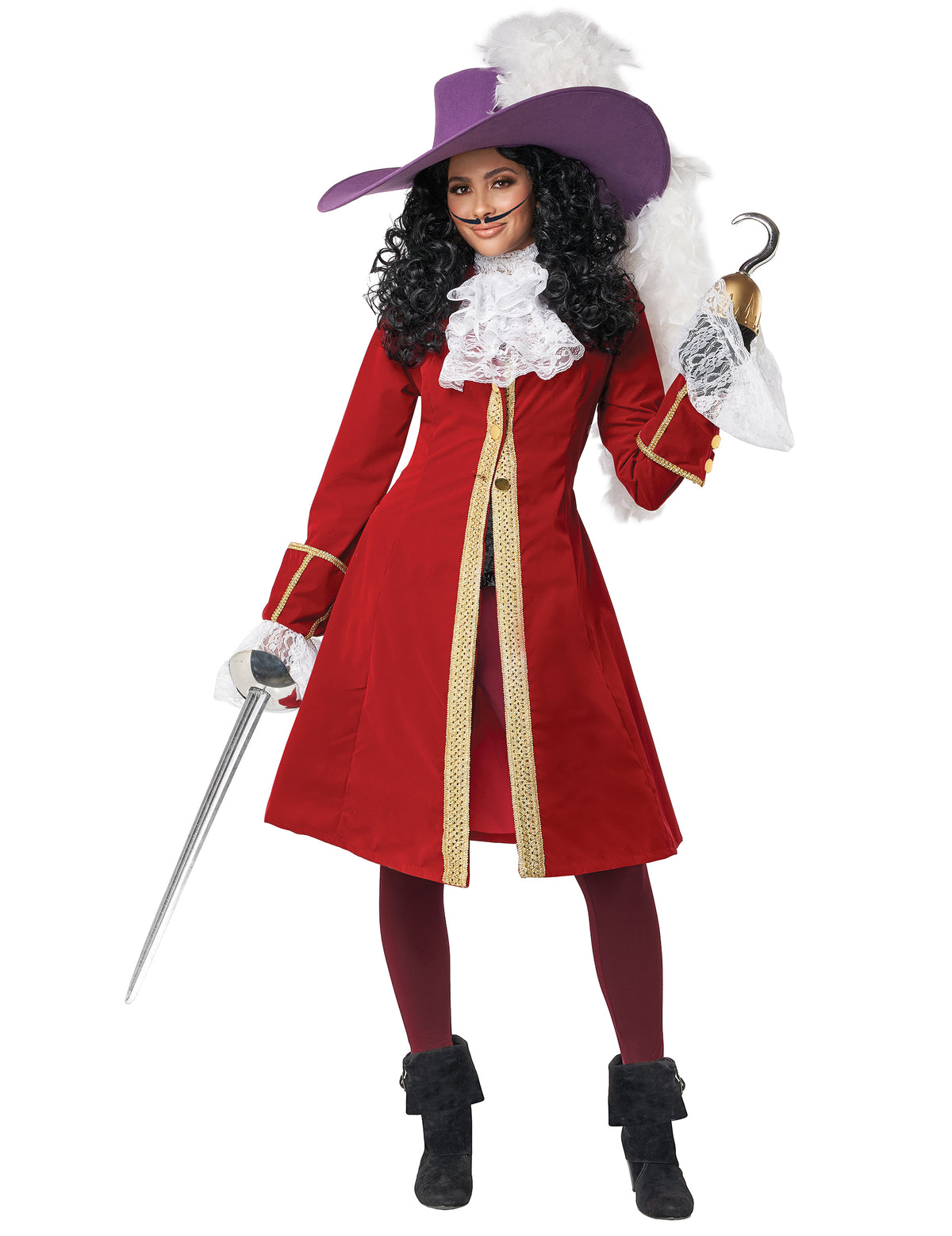 Déguisement capitaine pirate à crochet luxe pour femme rouge avec chapeau violet à plume blanche