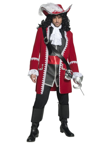 Déguisement capitaine pirate pour homme rouge luxe avec chapeau à plumes et jabot