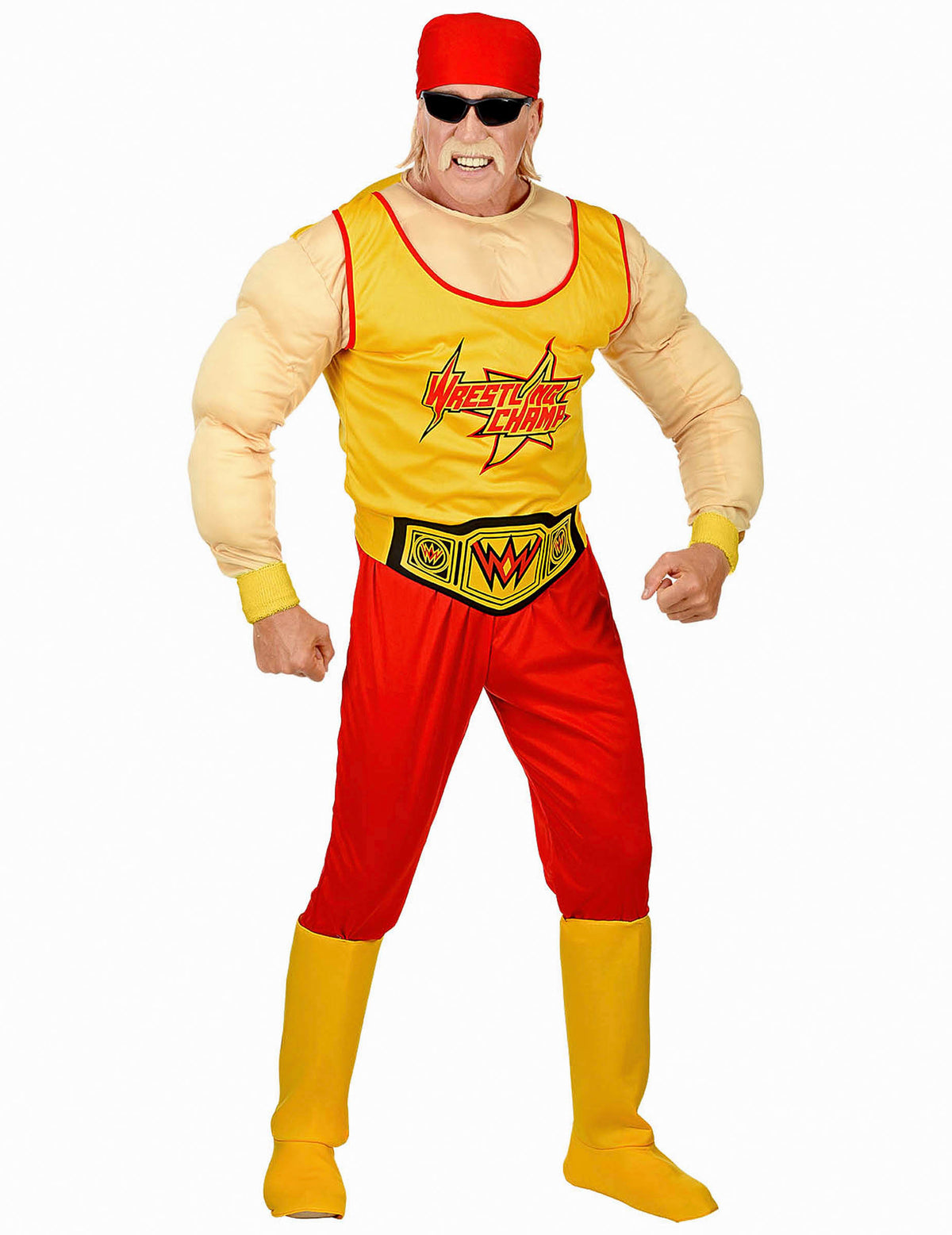 Déguisement de catcheur pour homme jaune et rouge avec muscles rembourrés