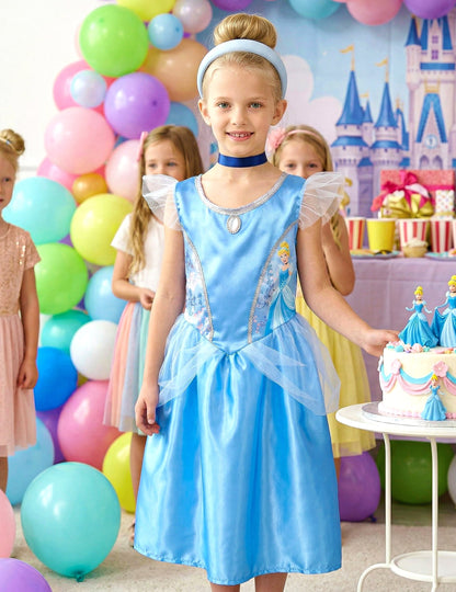 Mise en situation lors d'une fête d'anniversaire du déguisement Cendrillon™ basique pour enfant