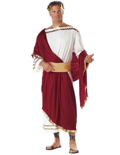 Déguisement de César pour homme blanc et rouge avec couronne de lauriers dorée
