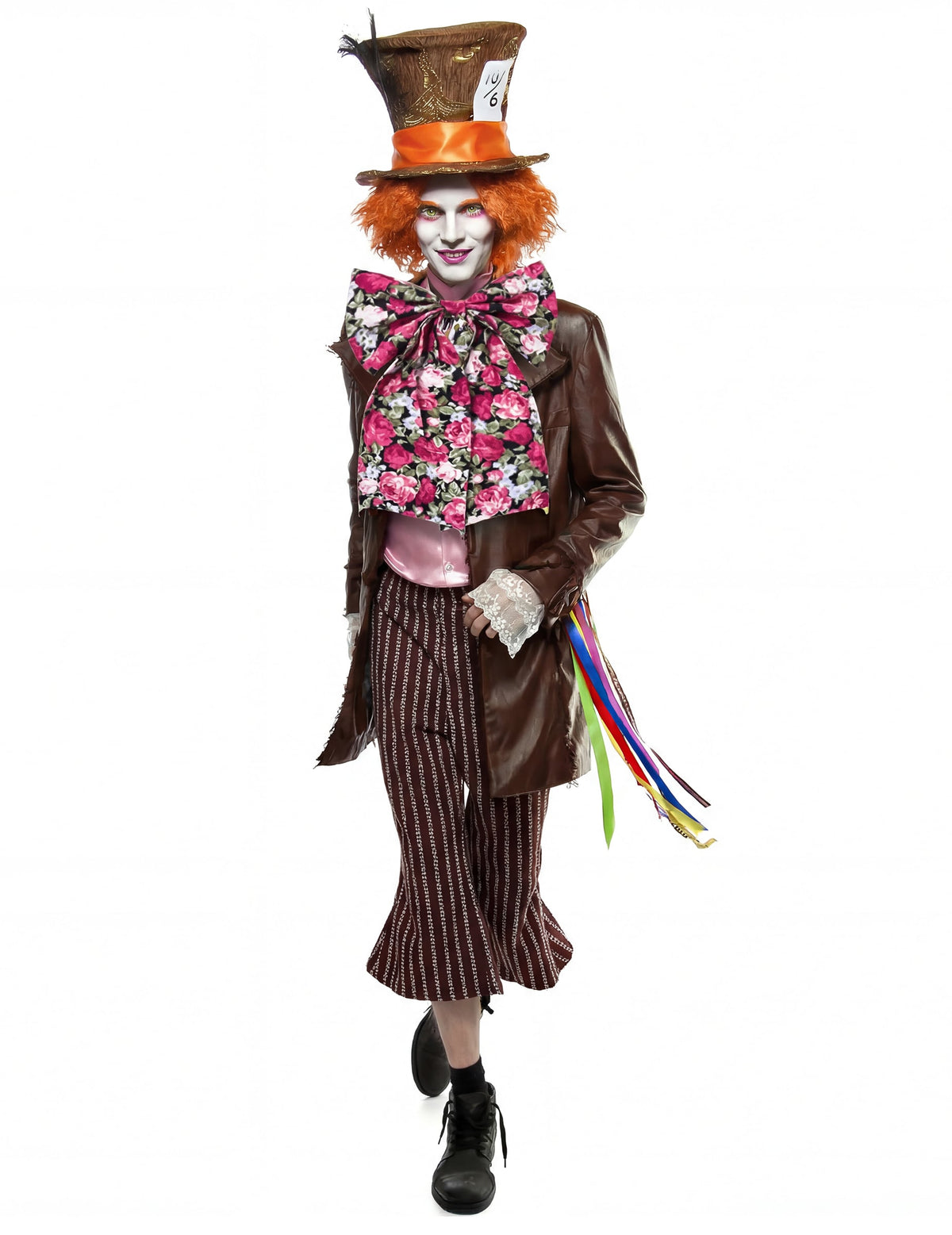 Déguisement chapelier dérangé luxe pour homme marron avec grand nœud papillon et haut-de-forme