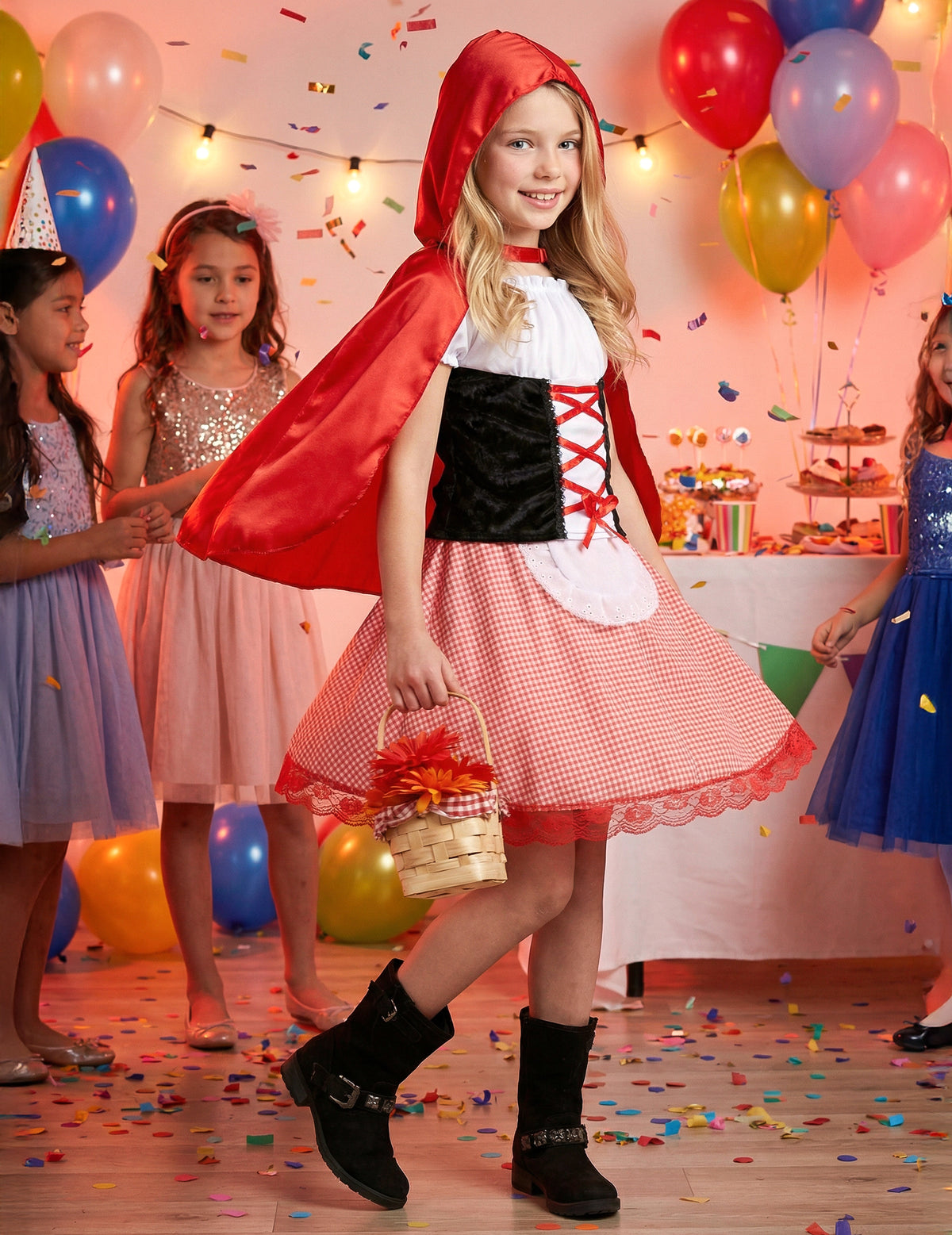 Mise en situation lors d'une fête du déguisement de chaperon rouge basique