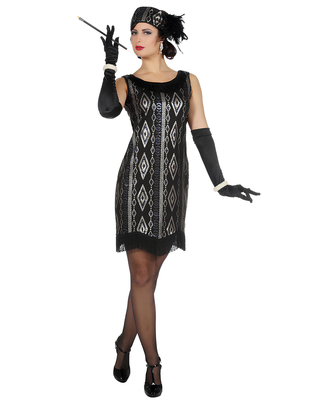 Vue de face du déguisement Charleston noir et argent à sequins luxe pour femme