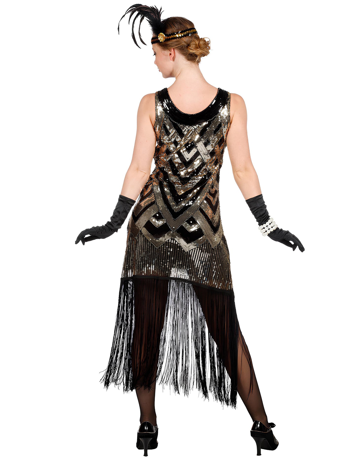Luksuzni ženski charleston kostum v črni in zlati barvi s bleščicami 