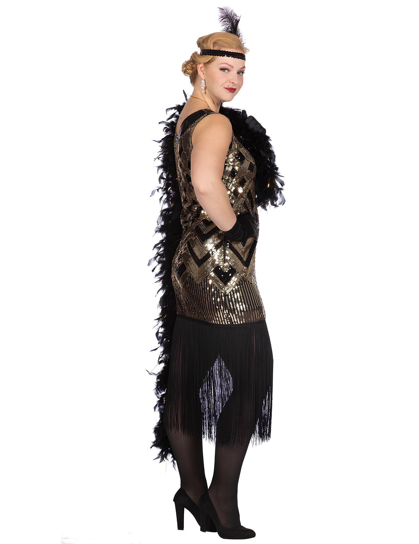 Luksuzni ženski charleston kostum v črni in zlati barvi s bleščicami 