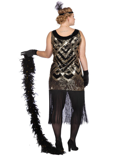 Luksuzni ženski charleston kostum v črni in zlati barvi s bleščicami 